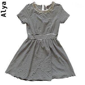 🖤✨🤍 Alya Black & White Striped Fit & Flare Dress with Embellished Collar Sz M